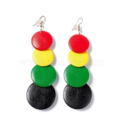 Retro Style Wood Flat Round Beaded Dangle Earrings, Iron Cluster Long Drop Earrings for Women, Colorful, 115mm, Pin: 0.8mm(EJEW-G320-01A)
