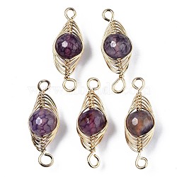 Natural Agate Link Connectors, with Golden Plated Brass Findings, Dyed, Round, Medium Purple, 27~36x11~12x10mm, Hole: 2.5~4mm(G-S359-321A)