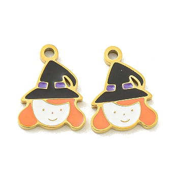 Halloween Theme Ion Plating(IP) 304 Stainless Steel Enamel Pendants, Golden, Witch, 14x10.5x1.5mm, Hole: 1.4mm