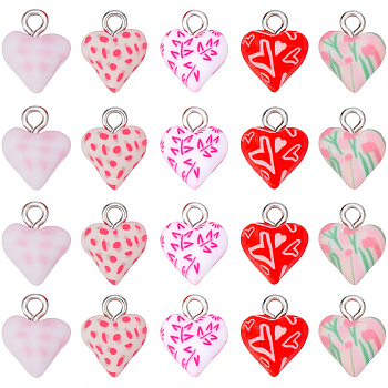 40Pcs 5 Styles Handmade Polymer Clay Charms, Heart, with Platinum Tone Iron Loops, Mixed Color, 13x10x6mm, Hole: 2mm, 8pcs/style