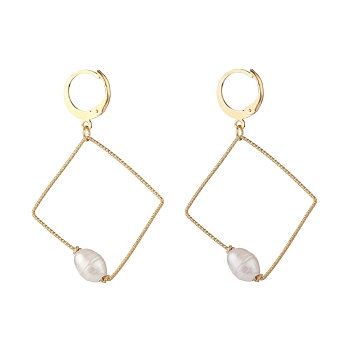 Large Wire Rhombus Dangle Hoop Earring, Pearl Beaded Geometry Drop Earrings for Women, Golden, Seashell Color, 51mm, Pin: 0.85mm