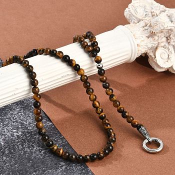 Natural Tiger Eye Round Beaded Y Necklaces, 304 Stainless Steel Ring Pendant Necklaces for Women, Stainless Steel Color, 27.56~27.95 inch(70~71cm)