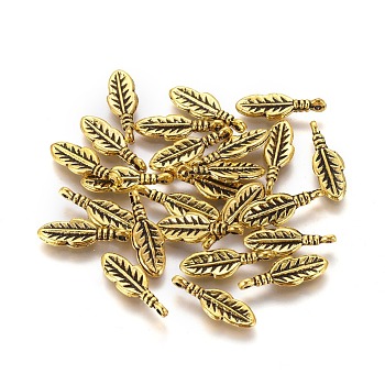 Tibetan Style Alloy Feather Pendants, Cadmium Free & Lead Free, Antique Golden, 17x5.5x3mm, Hole: 1.5mm, about 2320pcs/1000g