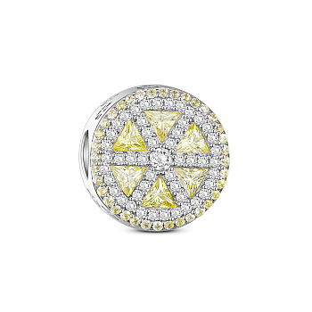 TINYSAND Rhodium Plated 925 Sterling Silver European Beads, with Cubic Zirconia, Large Hole Beads, Luxurious Circle, Platinum, Light Goldenrod Yellow, 13.69x13.18x9.05mm, Hole: 4.57mm