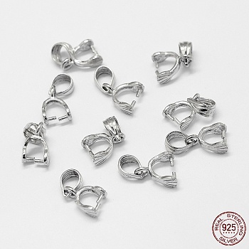 Rhodium Plated 925 Sterling Silver Pendant Bails, Ice Pick & Pinch Bails, Platinum, 13mm, Hole: 3.5x5mm, Pin: 0.8mm