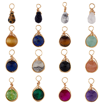 16Pcs 16 Styles Mixed Gemstone Pendants, Teardrop & Round Charms, with Real 18K Gold Plated Copper Wire Wrapped, Mixed Dyed and Undyed, 16~17.5x9~9.5x6~8.5mm, Hole: 2~3.3mm, 1pc/style
