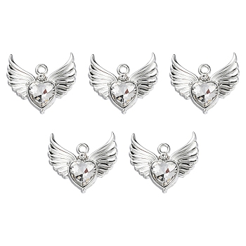 Rack Plating Alloy Glass Pendants, Cadmium Free & Lead Free & Nickle Free, Platinum, Faceted Heart Charm with Wing, Clear, 20x22x4mm, Hole: 1.8mm