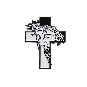 Religion Jesus Portrait Cross Enamel Pins, Alloy Brooch, White, 33x26mm