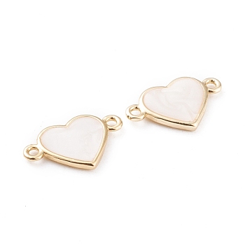 Brass Enamel Links, Long-Lasting Plated, Heart, White, Real 18K Gold Plated, 11x17.5x2mm, Hole: 1.4mm