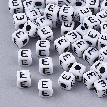 White Opaque Acrylic Beads, Horizontal Hole, Cube with Black Alphabet, Letter.E, 4~5x4~5x4~5mm, Hole: 1.8mm, about 240pcs/20g