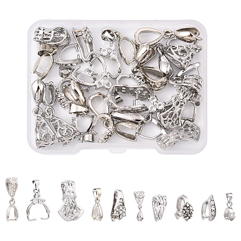30Pcs 10 Styles Brass Pendant Ice Pick Pinch Bails, Platinum, 12~25x4~18x5~9.5mm, Hole: 4~9mm, Pin: 0.8~1mm, 3pcs/style