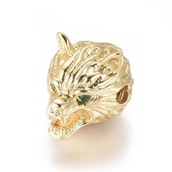 Brass Beads, with Cubic Zirconia, Wolf Head, Golden, 10.5x11x14mm, Hole: 2mm