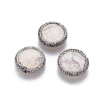 Natural Magnesite Beads, with Polymer Clay Rhinestone, Flat Round, Crystal, 22~23x6~7mm, Hole: 1.2mm