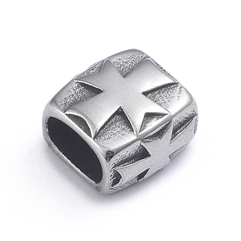Retro 304 Stainless Steel Slide Charms/Slider Beads, Religion Theme, for Leather Cord Bracelets Making, Square with Maltese Cross, Antique Silver, 12x12x8mm, Hole: 4x8mm