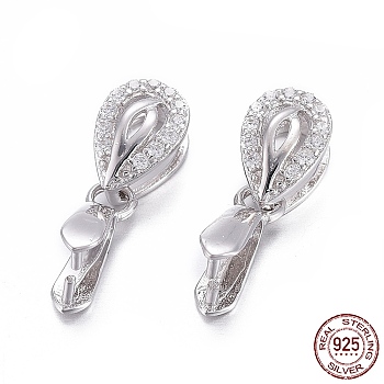 Rhodium Plated 925 Sterling Silver Pendant Bails, with Cubic Zirconia, with 925 Stamp, Ice Pick Pinch Bails, Teardrop, Clear, Platinum, 15mm, Hole: 6x2.5mm, Pin: 0.8mm, Inseam Length: 4mm