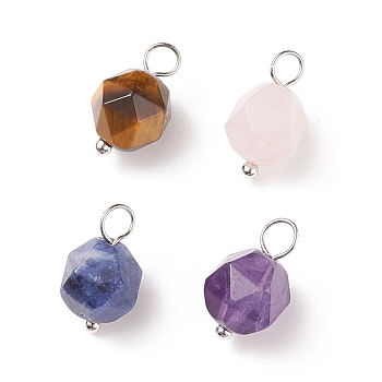 Faceted Natural Mixed Stone Pendants, with Platinum Tone Brass Loops, Star Cut Round Charm, 13.5x7.5~8x7.5~8mm, Hole: 3mm