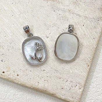 Brass Pave White Shell Oval Pendants, Rose Charms, Platinum, 23x13mm