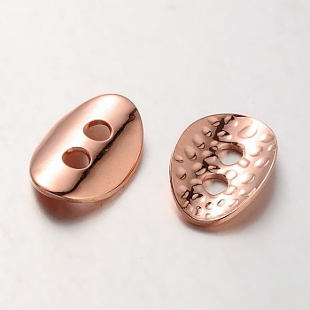 Brass Buttons, 2-Hole, Hammered Oval, Rose Gold, 14x10x1mm, Hole: 2mm