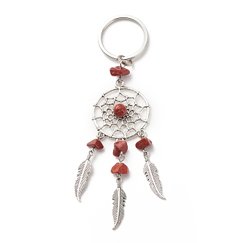 Natural Red Jasper Keychain, with Iron, 304 Stainless Steel & Alloy Findings, Woven Net/Web with Feather, 11.4~11.8cm