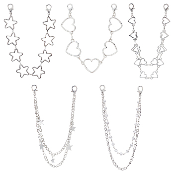 WADORN 5Pcs 5 Style Iron & Alloy Decorative Bag Chains, Pants Chain, with ABS Plastic Imitation Pearl Beads, Star & Heart, Platinum, 267~297mm, 1pc/style