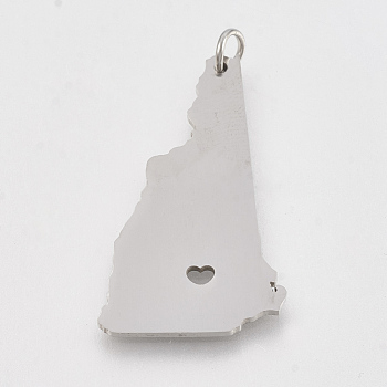 201 Stainless Steel Pendants, Map of New Hampshire, Stainless Steel Color, 32x19x1mm, Hole: 3mm