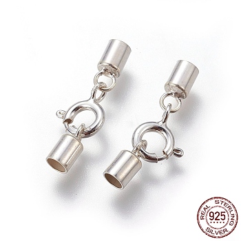 925 Sterling Silver Spring Ring Clasps, with Cord Ends, Silver, 21mm, Inner Size: 3mm