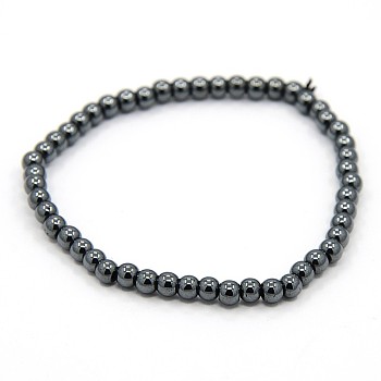 Elastic Non-Magnetic Synthetic Hematite Beaded Stretch Bracelets, Round, Black, 54mm, Bead: 4mm