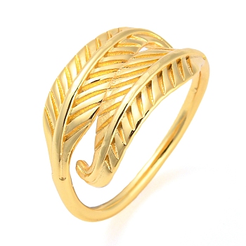 Rack Plating Brass Cuff Rings, Feather, Cadmium Free & Lead Free, Real 18K Gold Plated, Inner Diameter: 15.8mm