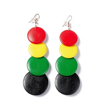 Retro Style Wood Flat Round Beaded Dangle Earrings, Iron Cluster Long Drop Earrings for Women, Colorful, 115mm, Pin: 0.8mm