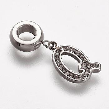 304 Stainless Steel European Dangle Charms, with Rhinestone, Letter.Q, 25mm, Hole: 4.5mm, 12.5x9.5x1.5mm