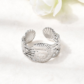 304 Stainless Steel Open Cuff Rings for Women, Shell Shape, Stainless Steel Color, 12.5mm, Inner Diameter: 18mm