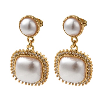 Square ABS Plastic Imitation Pearl, with Rack Plating Brass Micro Pave Cubic Zirconia Dangle Earrings, Lead Free & Cadmium Free, Long-Lasting Plated, Real 18K Gold Plated, 33x17.5mm