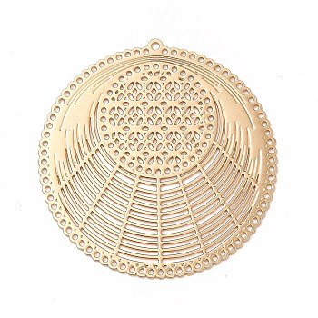 Rack Plating Brass Filigree Pendants, Long-Lasting Plated, Flat Round with Flower, Light Gold, 31x30x0.3mm, Hole: 0.9mm