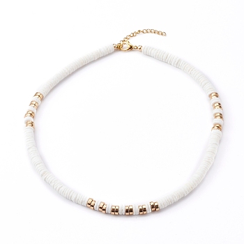 Natural White Shell Beaded Necklaces, with 304 Stainless Steel Lobster Claw Clasps, Flat Round, Real 18K Gold Plated, White, 15.94 inch(40.5cm)