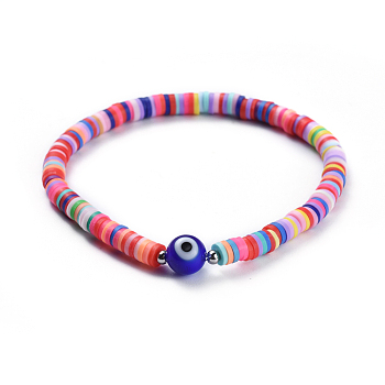 Handmade Polymer Clay Braided Bead Bracelets, with Handmade Evil Eye Lampwork Beads, Brass Bead Spacers and Nylon Thread, Colorful, 2-1/8 inch(5.3cm)