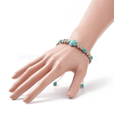 Synthetic Turquoise Tortoise & Brass Round Braided Bead Bracelet(BJEW-TA00189-01)-3