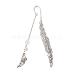 Tibetan Style Alloy Feather & Wing Bookmarks, with Crackle Quartz Beads, Antique Silver, 115x13x3mm(AJEW-JK00399)