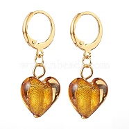 304 Stainless Steel Huggie Hoop Earrings, with Handmade Silver Foil Glass Beads, Heart, Golden, Goldenrod, 32.5mm, Pin: 0.6x1mm(EJEW-JE04475-01)