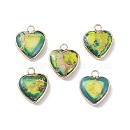 Dyed Synthetic Imperial Jasper Pendants, Brass Heart Charms, Golden, Yellow Green, 19x16x4.5~5.5mm, Hole: 2.7mm(G-P529-08G-06)