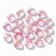Transparent Spray Painted Glass Beads, Top Drilled Beads, with Glitter Powder, Teardrop, Pink, 12.5x10.5x5.5mm, Hole: 0.9mm(GLAA-T016-29A)