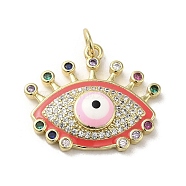 Brass Micro Pave Cubic Zirconia Pendants, with Enamel, with Jump Ring, Real 18K Gold Plated, Evil Eye, Red, 20x23x5.3mm, Hole: 3.5mm(KK-E092-09G-01)