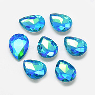 Pointed Back Glass Rhinestone Cabochons, Back Plated, Faceted, AB Color Plated, teardrop, Deep Sky Blue, 18x13x5.5mm(RGLA-T017-13x18mm-05)