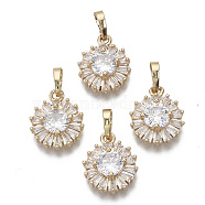 Brass Micro Cubic Zirconia Charms, with Snap on Bails, Flat Round, Light Gold, Clear, 15x12x5mm, Hole: 6x4mm(KK-N235-032A)