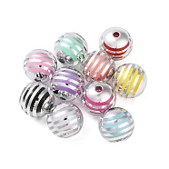 UV Plating Rainbow Iridescent Acrylic Beads, Round, Stripe, 15~15.5mm, Hole: 2.5mm(X-OACR-F009-01C)