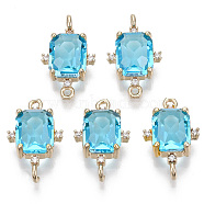 Glass Links connectors, with Brass Micro Pave Cubic Zirconia, Faceted, Rectangle, Light Gold, Cyan, 20x12x5.5mm, Hole: 1.2mm(GLAA-T021-12D)