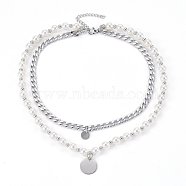 304 Stainless Steel Pendant Tiered Necklaces, with Acrylic Pearl and Lobster Clasps, Flat Round and Round, Stainless Steel Color, 14.6 inch(37cm), 6~8mm(NJEW-O106-03P)
