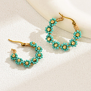 Flower Garland Braided Beaded Stainless Steel Hoop Earrings, Real 18K Gold Plated Jewelry for Women, Dark Turquoise, 30x30mm(IF8557-03)