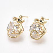 Brass Stud Earrings, with Cubic Zirconia, Mouse, Nickel Free, Real 18K Gold Plated, 17x12.5mm, Pin: 0.8mm(KK-T038-497G)