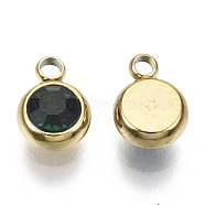 Vacuum Plating 201 Stainless Steel Rhinestone Charms, Birthstone Charms, Flat Round, Real 18K Gold Plated, Emerald, 8.5x6x3mm, Hole: 1.5mm(STAS-S068-05G)