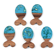 Transparent Resin & Walnut Wood Pendants, with Gold Foil, Fish, Dark Turquoise, 28x16x3mm, Hole: 2mm(RESI-S389-053B-B03)